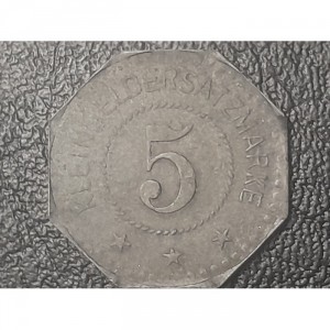 Реверс монеты Германия, 5 пфеннигов, 1917, Цинк, не магнетик. Форма - 8-угольник. На аверсе "MAGISTRAT"