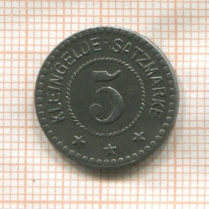 Реверс монеты Германия, 5 пфеннигов, 1917, Цинк, не магнетик. Форма - круг. На аверсе "MAGISTRAT"
