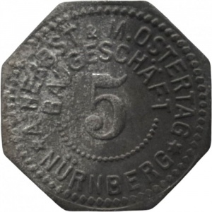 Аверс монеты Германия, 5 пфеннигов, 1917, Частный выпуск - Строительный бизнес А. Хербста и М. Остертага. Без отверстия