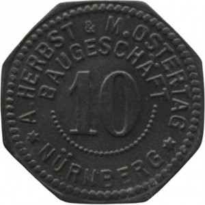 Аверс монеты Германия, 10 пфеннигов, 1917, Частный выпуск - Строительный бизнес А. Хербста и М. Остертага. Без отверстия