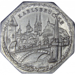 Реверс монеты Германия, 20 пфеннигов, 1919, Частный выпуск - Нюрнбергский трамвай. Карлов мост
