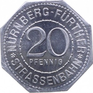 Реверс монеты Германия, 20 пфеннигов, 1919, Частный выпуск - Нюрнбергский трамвай. Художественный фонтан в Фюрте