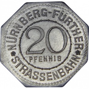 Аверс монеты Германия, 20 пфеннигов, 1919, Частный выпуск - Нюрнбергский трамвай. Братвурстглекляйн