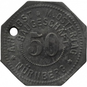 Аверс монеты Германия, 50 пфеннигов, 1917, Частный выпуск - Строительный бизнес А. Хербста и М. Остертага. С отверстием