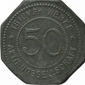 Аверс монеты Германия, 50 пфеннигов, 1917, Частный выпуск - Фабрика велосипедов и мотоциклов Triumph