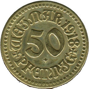 Аверс монеты Германия, 50 пфеннигов, 1918, Латунь /желтый цвет/