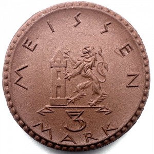 Аверс монеты Германия, 3 марки, 1921, Коричневый цвет. Хвост льва раздвоенный. Край без позолоты