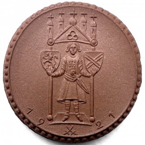 Реверс монеты Германия, 3 марки, 1921, Коричневый цвет. Хвост льва раздвоенный. Край без позолоты