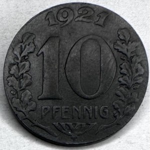 Реверс монеты Германия, 10 пфеннигов, 1921, Цинк /серый цвет/