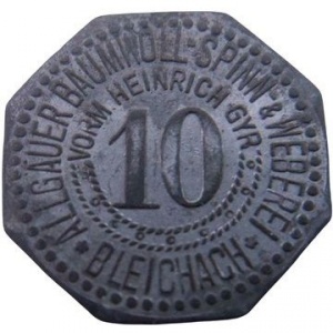 Аверс монеты Германия, 10 пфеннигов, 1917, Частный выпуск - Хлопкопрядильное и ткацкое производство. Ошибочное назван…