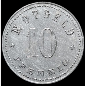 Реверс монеты Германия, 10 пфеннигов, 1918, На реверсе "NOTGELD". Гладкий гурт