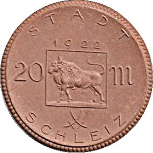 Аверс монеты Германия, 20 марок, 1922, Коричневый цвет. Дата на реверсе - "5.2.1685"
