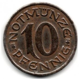 Реверс монеты Германия, 10 пфеннигов, 1920, Медведь. Надпись "NOTMÜNZE". Медальное отношение аверс/реверс