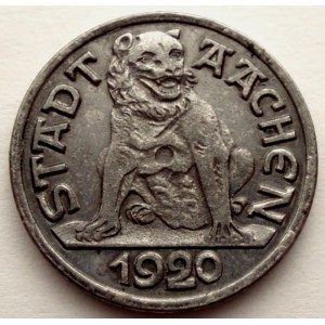 Аверс монеты Германия, 10 пфеннигов, 1920, Медведь. Надпись "ALAAF OCHE EN WENN ET VERSöNK". Монетное отношение аверс…