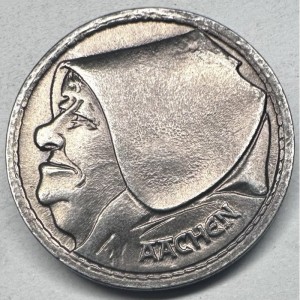 Аверс монеты Германия, 10 пфеннигов, 1920, Уличная торговка, головной платок женщины касается канта монеты. Медальное…