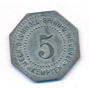Аверс монеты Германия, 5 пфеннигов, 1917, Частный выпуск - Хлопчатобумажная фабрика. Железо, магнетик
