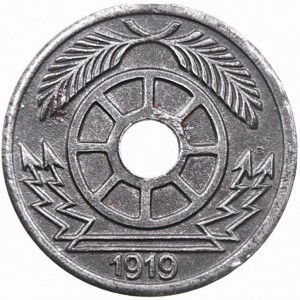 Реверс монеты Германия, 20 пфеннигов, 1919, Частный выпуск - Крефельдский трамвай. С отверстием