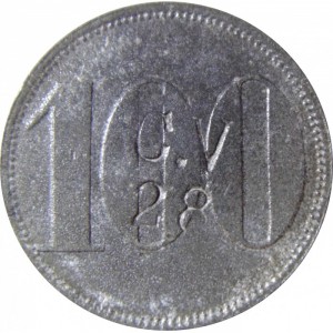 Реверс монеты Германия, 100 пфеннигов, 1914, Частный выпуск - Угольная шахта. С надчеканом "CV 28"