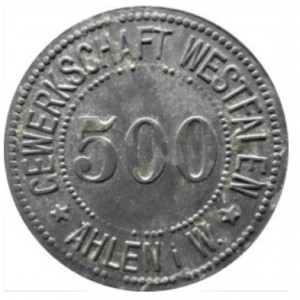 Аверс монеты Германия, 500 пфеннигов, 1914, Частный выпуск - Угольная шахта. Без надчекана