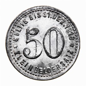 Реверс монеты Германия, 50 пфеннигов, 1918, Частный выпуск - Горно-металлургический завод. Цинк /серый цвет/. С "G.M.…