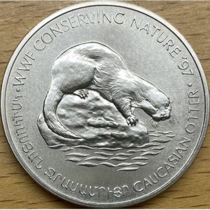 Реверс монеты Армения, 100 драмов, 1997, Сохранение природы WWF '97 - Кавказская выдра