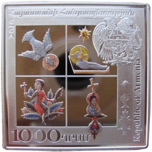 Аверс монеты Армения, 1000 драмов, 2010, Армянская миниатюра - Благовещение
