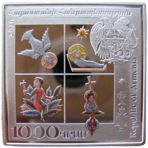 Аверс монеты Армения, 1000 драмов, 2010, Армянская миниатюра - Поклонение волхвов