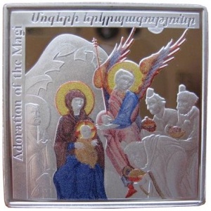 Реверс монеты Армения, 1000 драмов, 2010, Армянская миниатюра - Поклонение волхвов