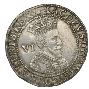 Аверс монеты Англия, 6 пенсов, 1603, Первый бюст Якова I