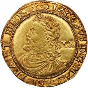 Аверс монеты Англия, 1 лавр, 1619, Первый бюст Якова I
