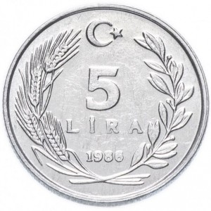 Реверс монеты Турция, 5 лир, 1984-1989