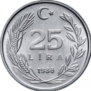 Реверс монеты Турция, 25 лир, 1985-1989
