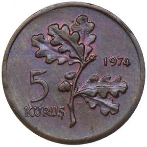 Реверс монеты Турция, 5 курушей, 1974