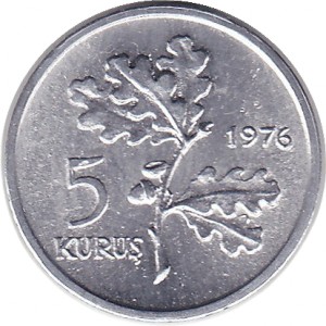 Реверс монеты Турция, 5 курушей, 1975-1977