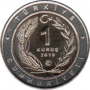 Аверс монеты Турция, 1 куруш, 2019, Азиатский кеклик /кольцо серого цвета/