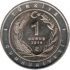 Аверс монеты Турция, 1 куруш, 2019, Синица /кольцо серого цвета/