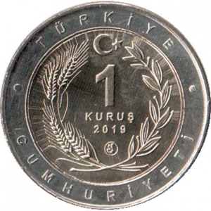 Аверс монеты Турция, 1 куруш, 2019, Бегунок /кольцо серого цвета/