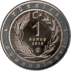 Аверс монеты Турция, 1 куруш, 2019, Удод /кольцо серого цвета/
