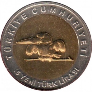 Аверс монеты Турция, 5 новых лир, 2005, Универсиада 2005 (центр: латунь, кольцо: медно-никелевый сплав)