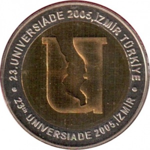 Реверс монеты Турция, 5 новых лир, 2005, Универсиада 2005 (центр: латунь, кольцо: медно-никелевый сплав)