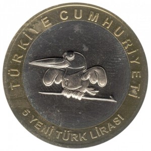 Аверс монеты Турция, 5 новых лир, 2005, Универсиада 2005 (центр: медно-никелевый сплав, кольцо: латунь)