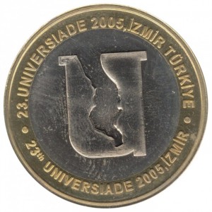 Реверс монеты Турция, 5 новых лир, 2005, Универсиада 2005 (центр: медно-никелевый сплав, кольцо: латунь)