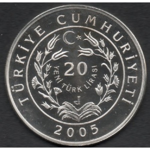 Аверс монеты Турция, 20 новых лир, 2005, Старый мост в городе Мостар