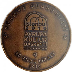 Аверс монеты Турция, 20 лир, 2010, Стамбул - Культурная столица Европы /Вид на город/