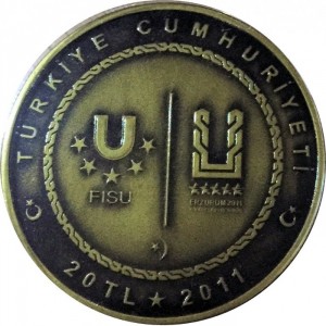 Аверс монеты Турция, 20 лир, 2011, Зимняя Универсиада 2011 - Хоккей с шайбой /латунь/