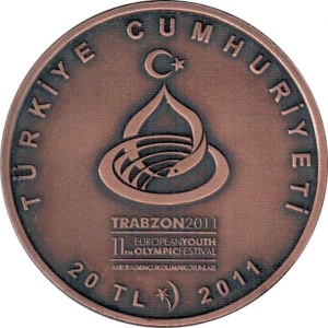 Аверс монеты Турция, 20 лир, 2011, Европейский юношеский олимпийский фестиваль