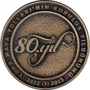 Реверс монеты Турция, 20 лир, 2013, 80 лет Турецким авиалиниям