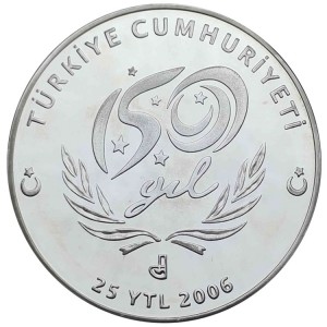 Аверс монеты Турция, 25 новых лир, 2006, 150 лет Турецкой железной дороге