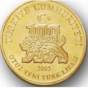 Аверс монеты Турция, 30 новых лир, 2005, 100 лет футбольному клубу "Галатасарай"