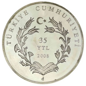 Аверс монеты Турция, 35 новых лир, 2008, 50 лет со дня смерти Яхья Кемаль Беятлы